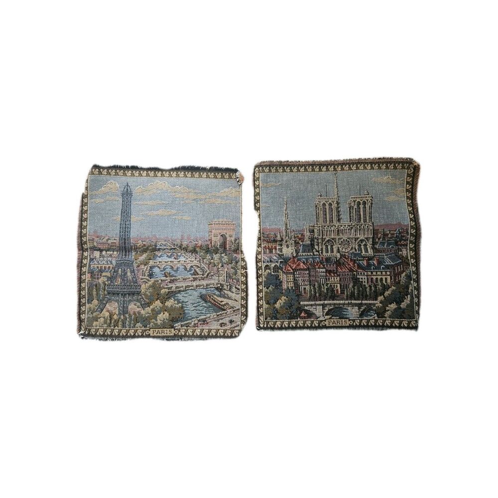 Pair of Paris Notre Dame Collectible  Stitching  Art Made In France 12" by 12"